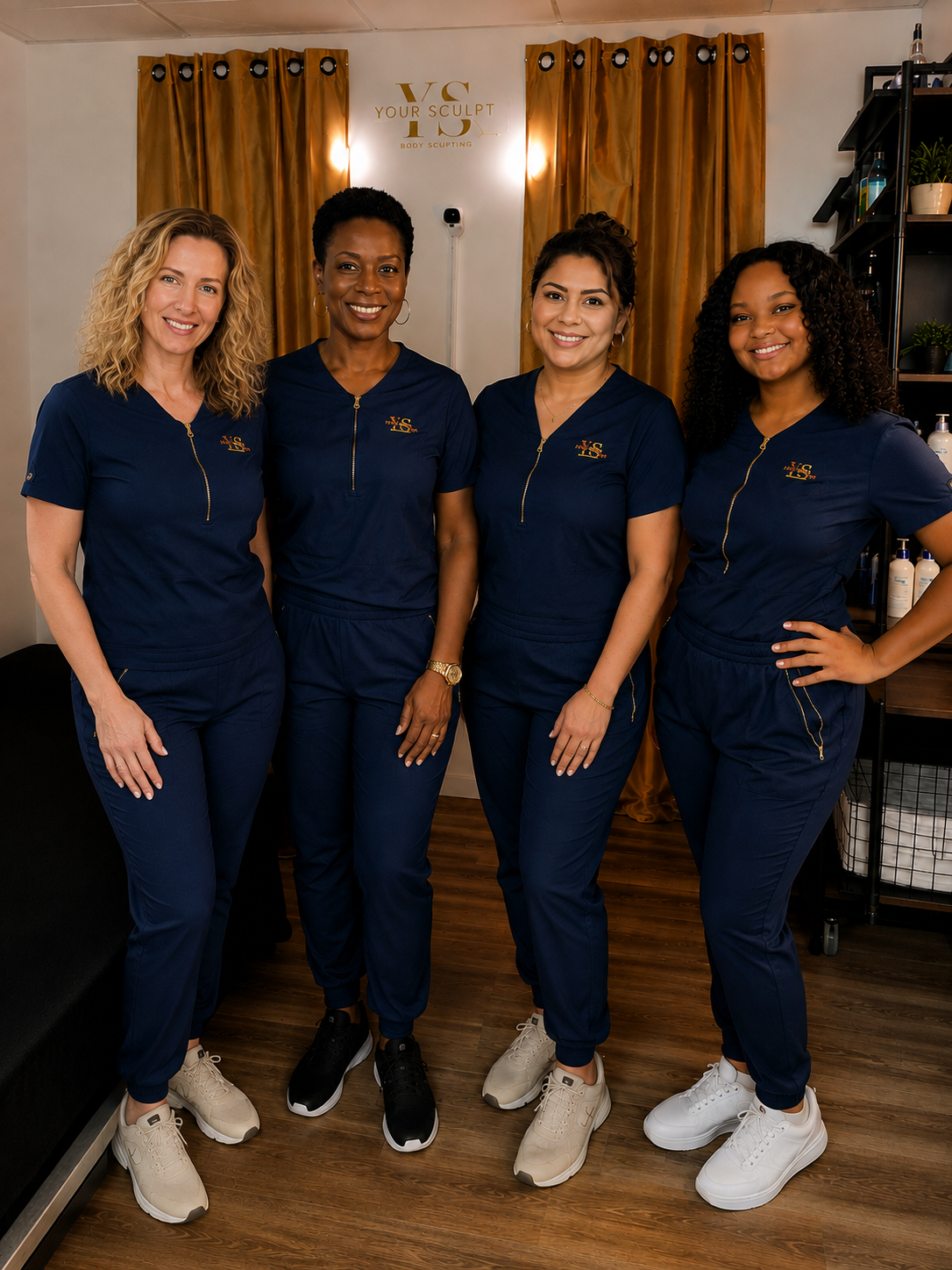 Four Smiling Women in Matching Uniforms at a Wellness Studio