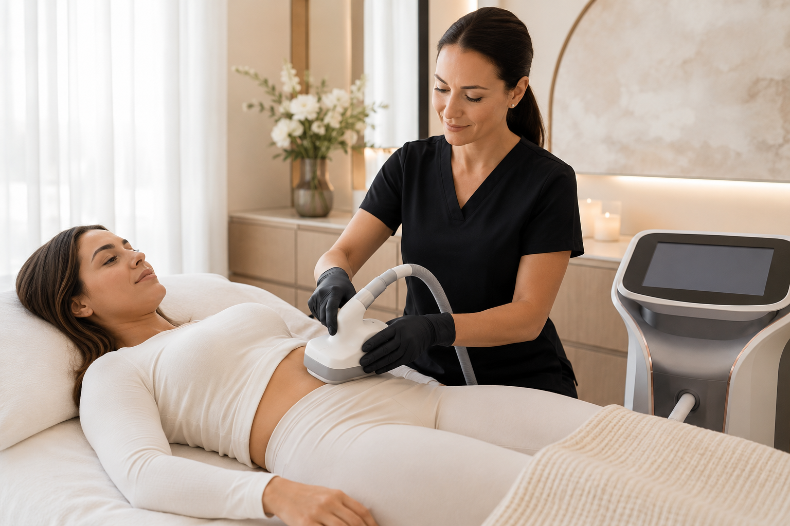 Woman Receiving Non-Surgical Body Contouring Treatment in Modern Studio
