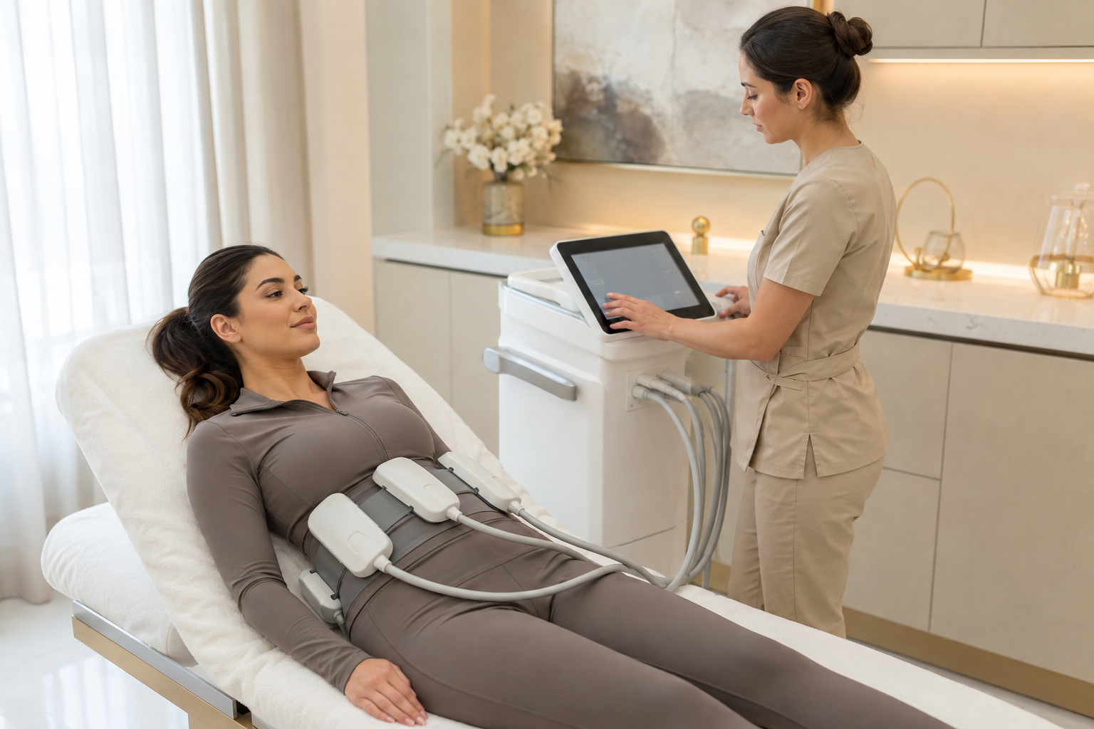 Woman Receiving Non Surgical Body Contouring Treatment in Modern Clinic