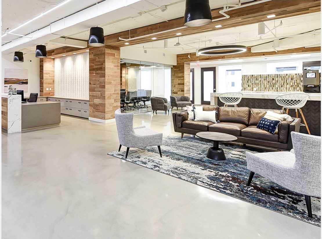 Modern Office Lobby with Stylish Furniture and Cozy Seating Area