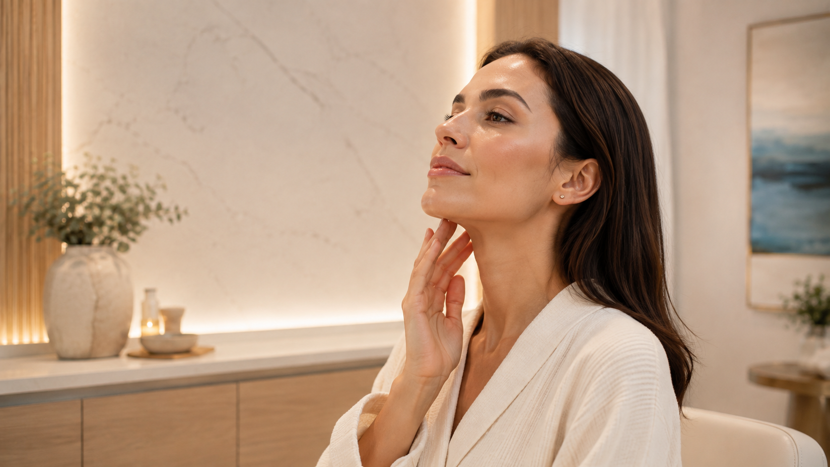 Woman Relaxing in Spa Setting, Hand on Chin, Skin Tightening Therapy