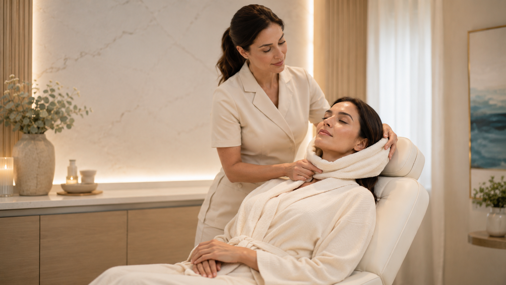 Spa Practitioner Performing Face Tightening Treatment on Relaxed Woman